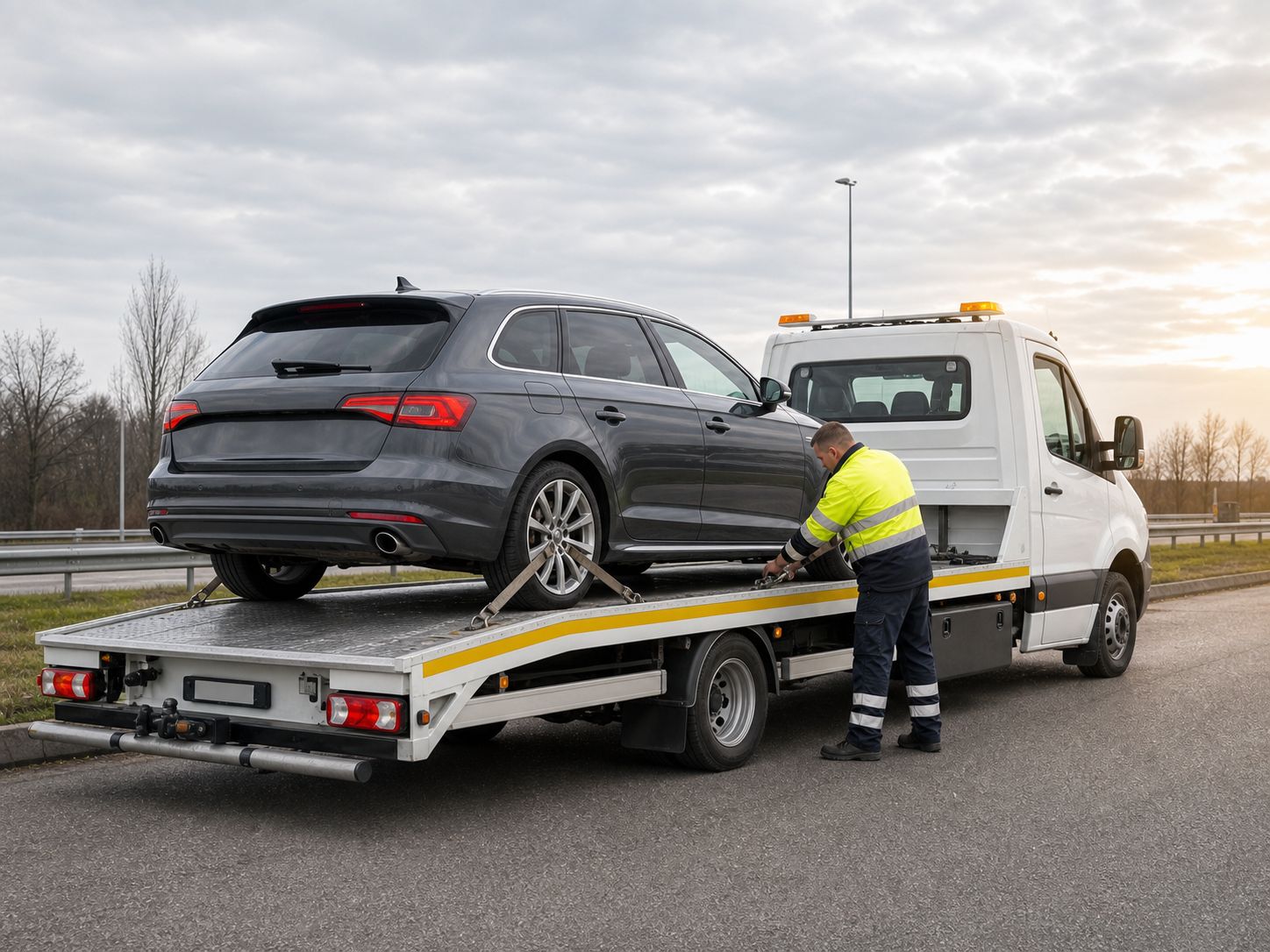 Auto op een bergingswagen tijdens pechhulp