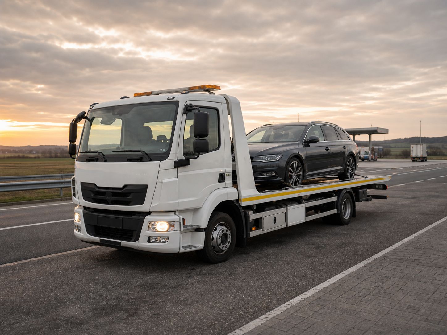 Bergingswagen met auto bij internationaal transport