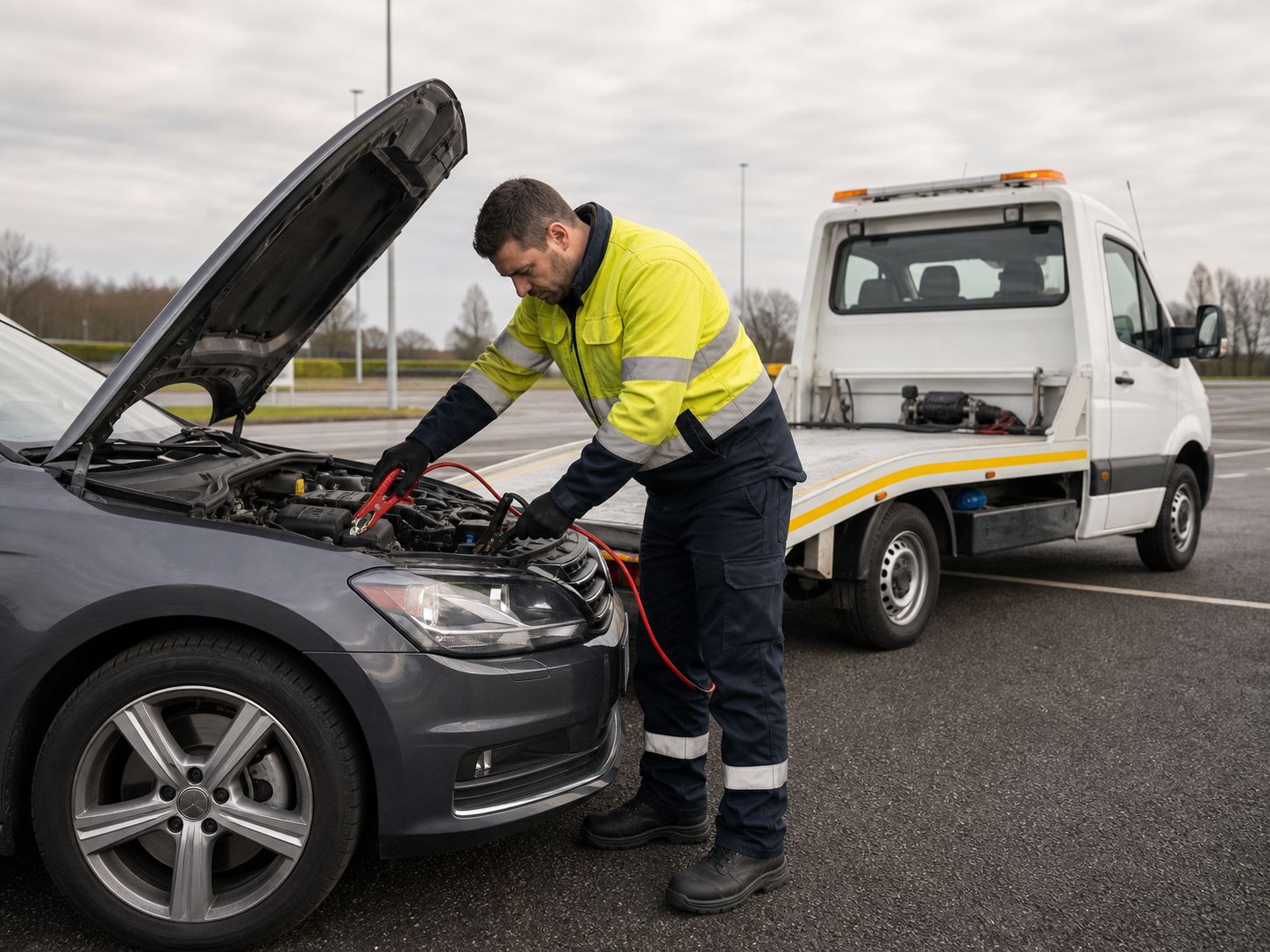 Monteur helpt met startkabels bij een lege accu